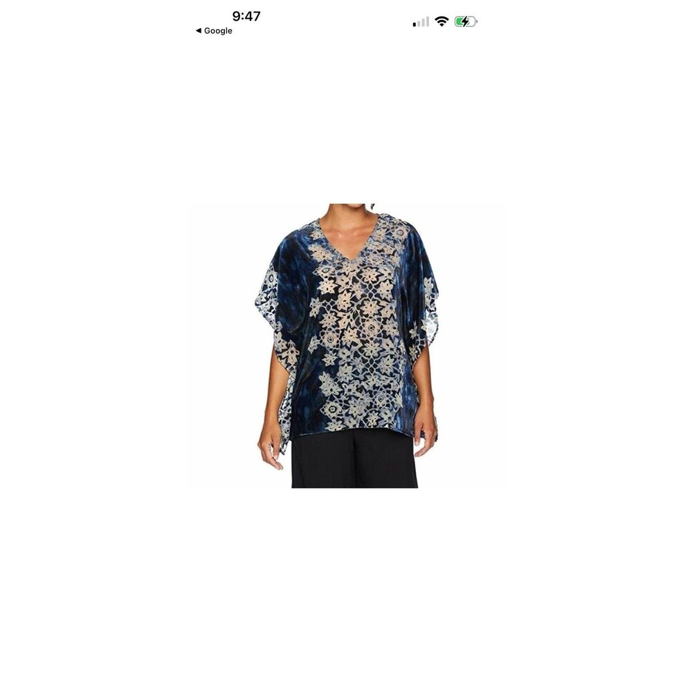Karen Kane Burnout Velvet Poncho Top Blue V Neck Dolman Sleeve Large